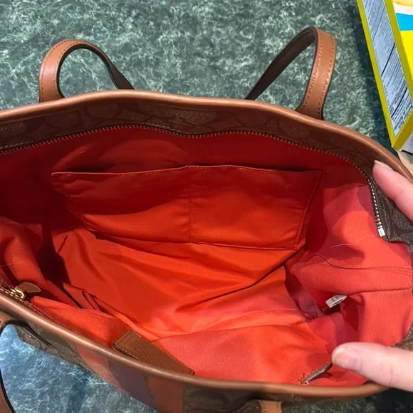 Coach Brown and Red Signature Tote with Leather Handles - Picture 5 of 8